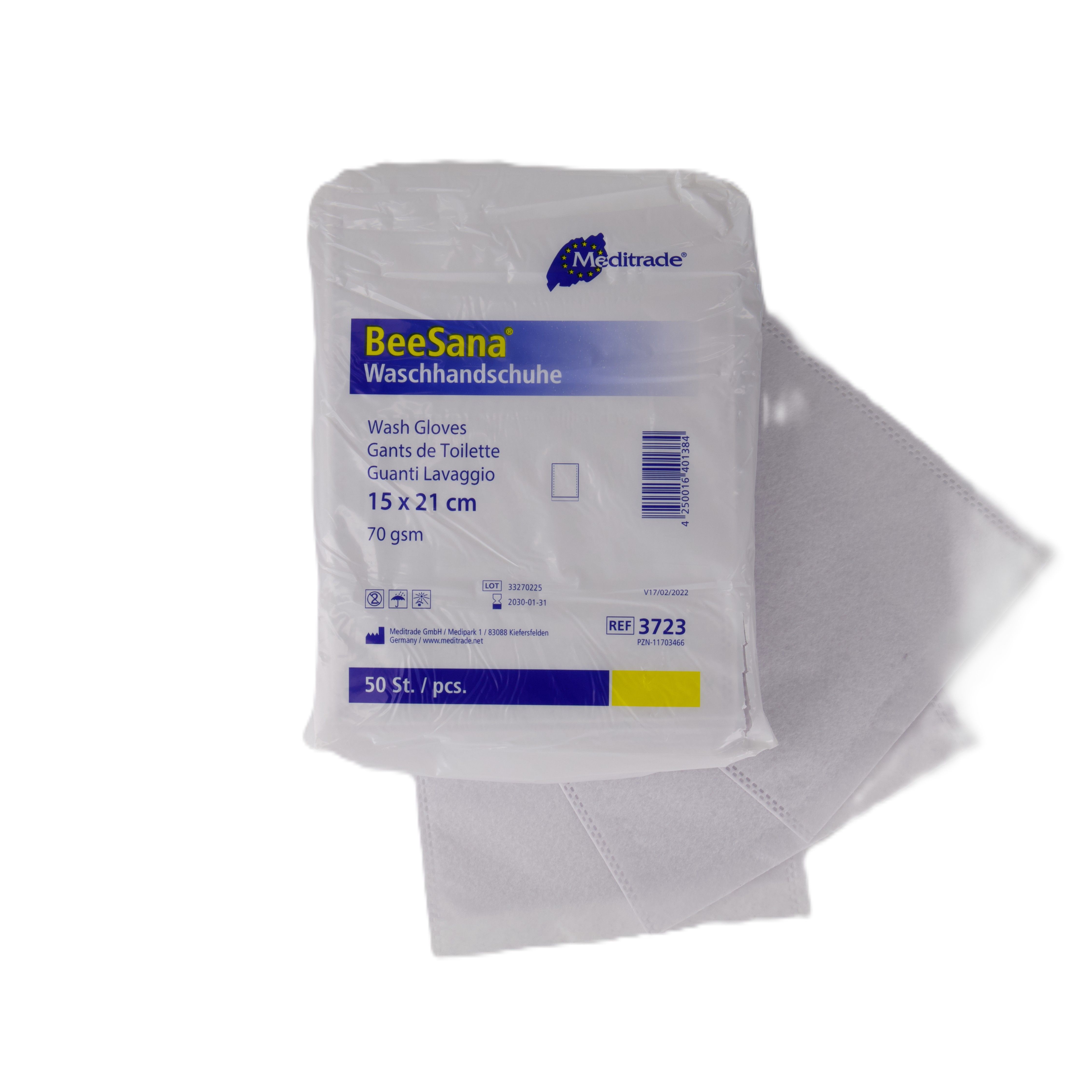 Verpackung mit Waschhandschuhen. Marke BeeSana, Meditrade. 15x21 cm, 70 gsm. 50 Stück. Produktname und Spezifikationen aufgedruckt.