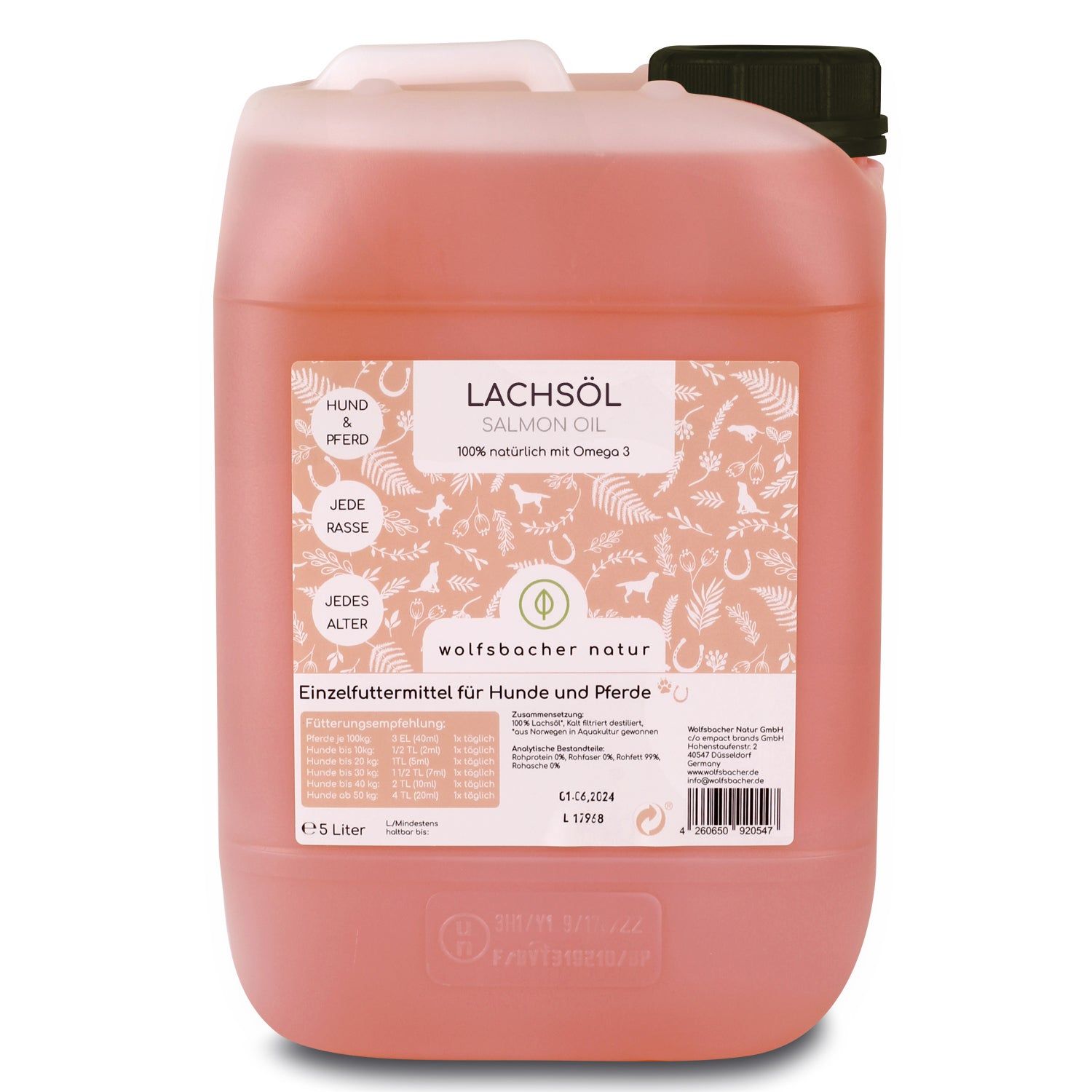 5-Liter-Kanister Lachsöl. Rosa Flüssigkeit, grüner Deckel. Etikett mit Produktinformationen und Logo.