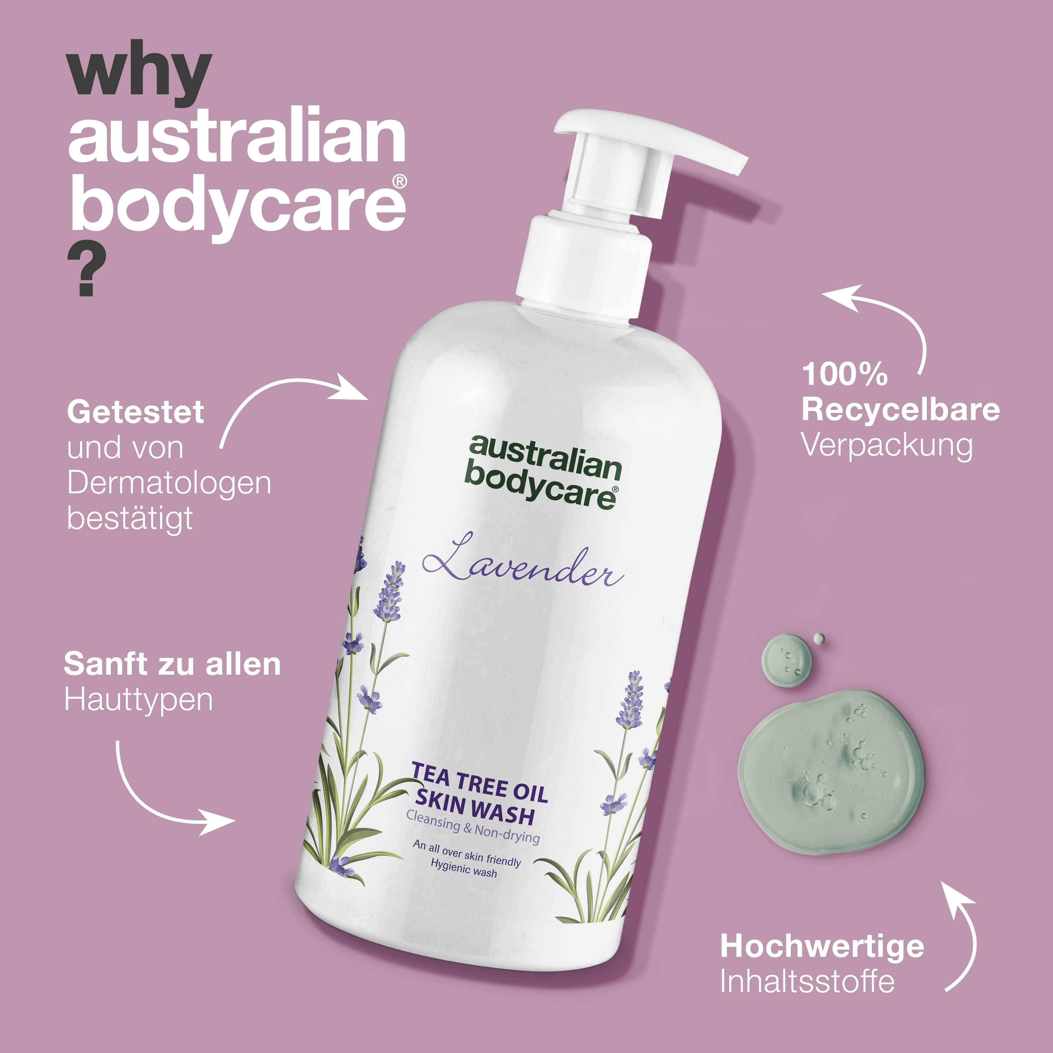 Produktabbildung: Flasche mit Pumpe. Text: Australian Bodycare, Lavender, Tea Tree Oil Skin Wash.