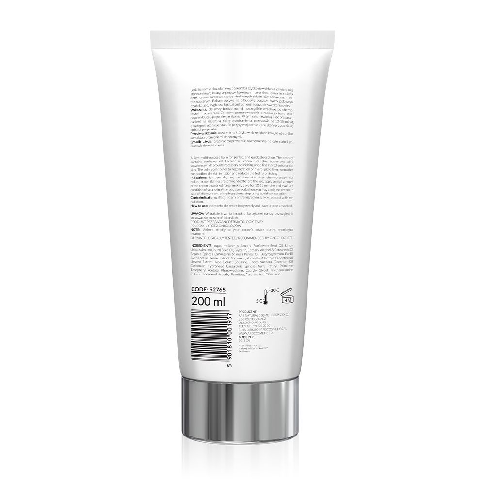 Rückseite der weißen Tube. Text und Barcode. APIS APIDERM, Körperlotion. 200 ml. Silberner Verschluss.