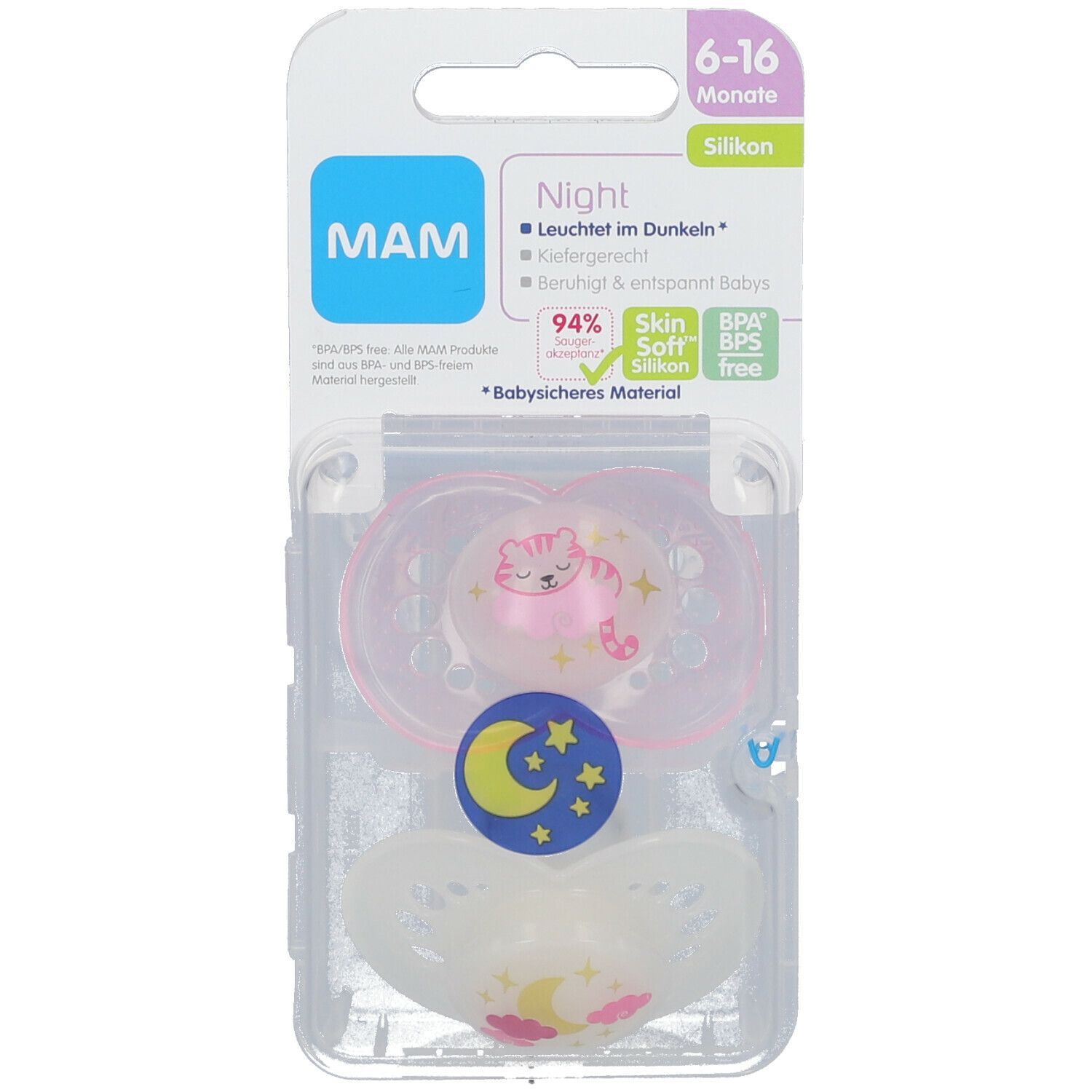 Zwei Schnuller in Kunststoffverpackung. Rosa und weiß, mit Tiermotiven und Mond-Stern-Design. MAM-Logo und Altersangabe 6-16 Monate.