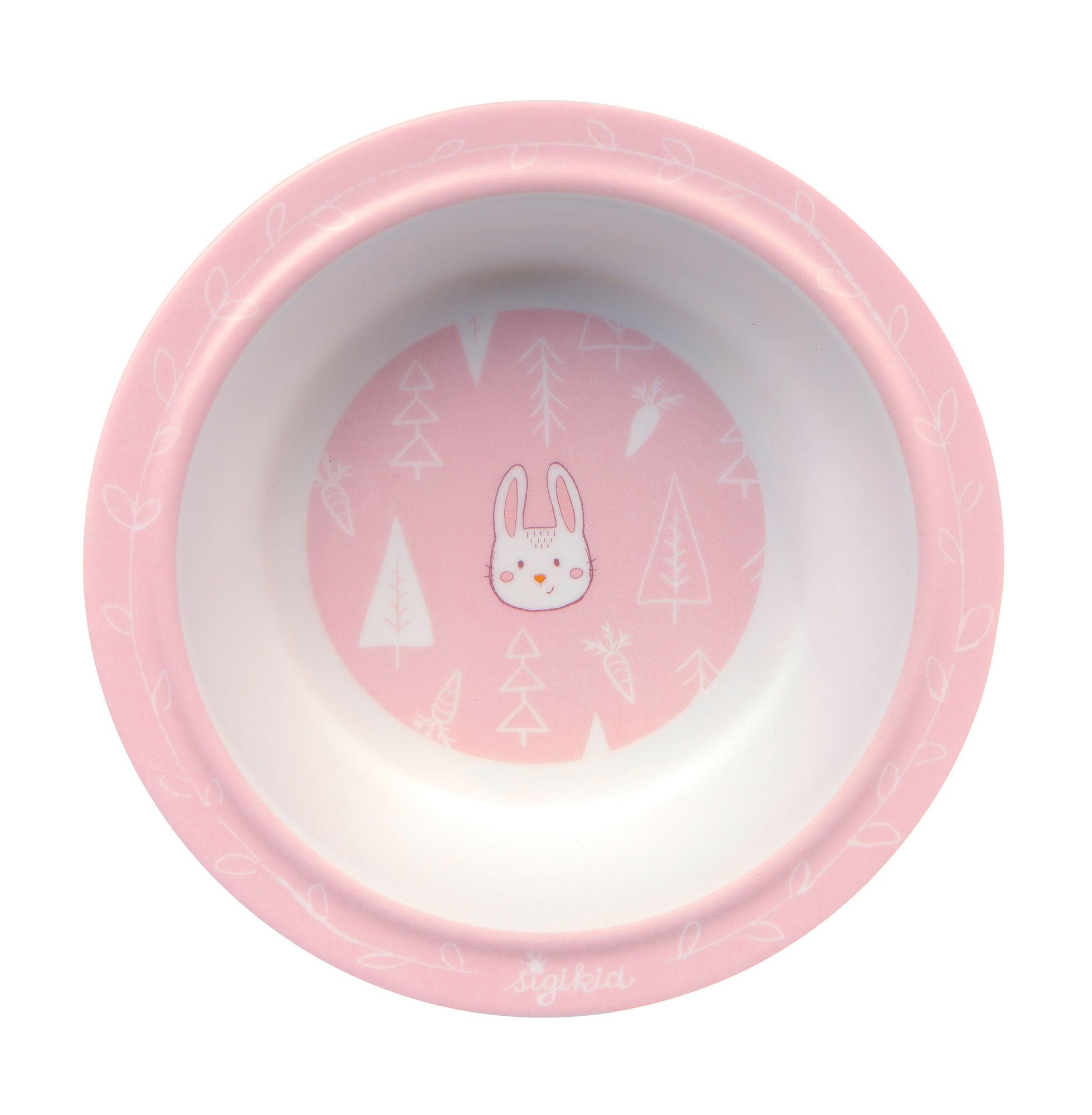Rosa Melamin-Schüssel mit Hasenmotiv und Blättern. Innen weiß, außen rosa. Marke: Sigikid.