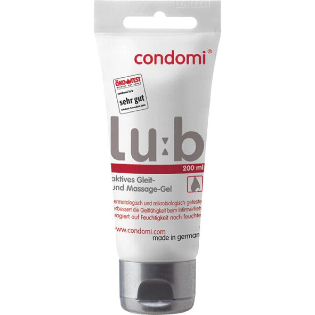 Tube condomi® Lu:b. Weiß, mit roter und grauer Schrift. Oeko-Test Siegel. 200 ml. Aktives Gleit- und Massage-Gel.