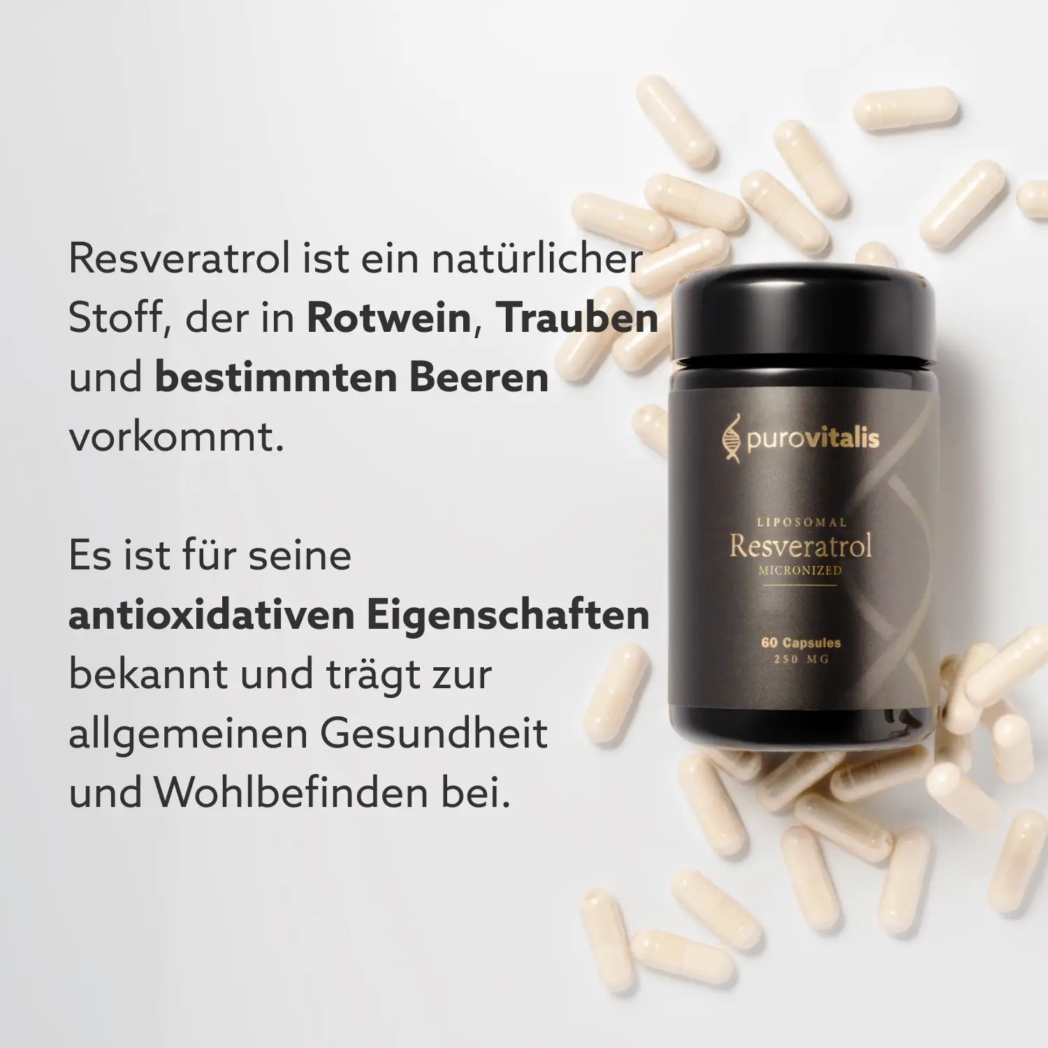 Kapseln und Flasche mit Aufschrift: Purovitalis, Liposomales Resveratrol. Text über Resveratrol und Antioxidantien.