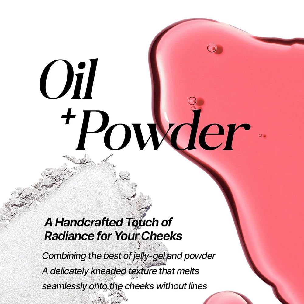 Text mit 'Oil + Powder' und Beschreibung: 'A Handcrafted Touch of Radiance for Your Cheeks'.