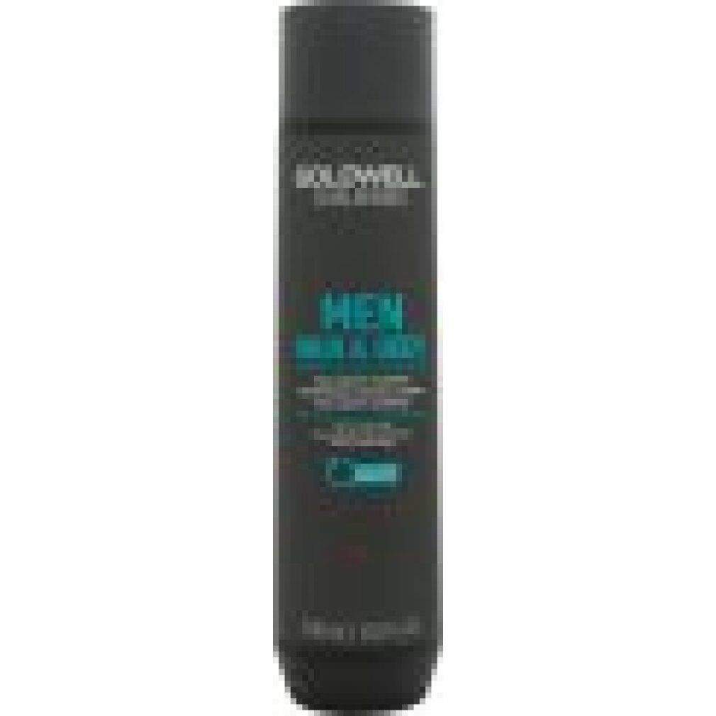 Schwarze Flasche Goldwell Dual Senses Men Hair & Body Shampoo. Text in Weiß und Türkis. 300 ml.