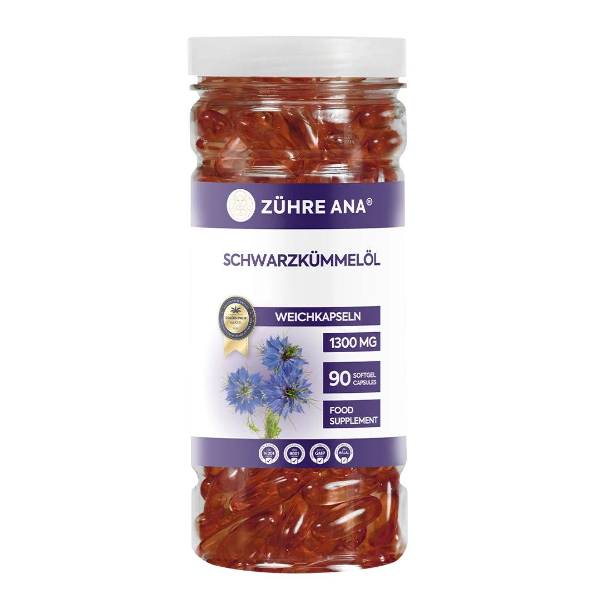 Weichkapseln in Dose. Aufschrift: Zühre Ana, Schwarzkümmelöl, 1300 mg, 90 Kapseln. Siegel.