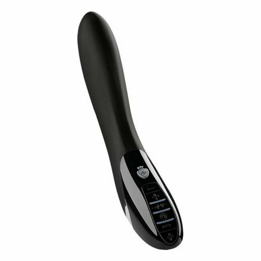 Schwarzes Wellness-Produkt. Ergonomische Form. Bedienfeld mit Tasten. Oberfläche glänzend. Marke nicht sichtbar.