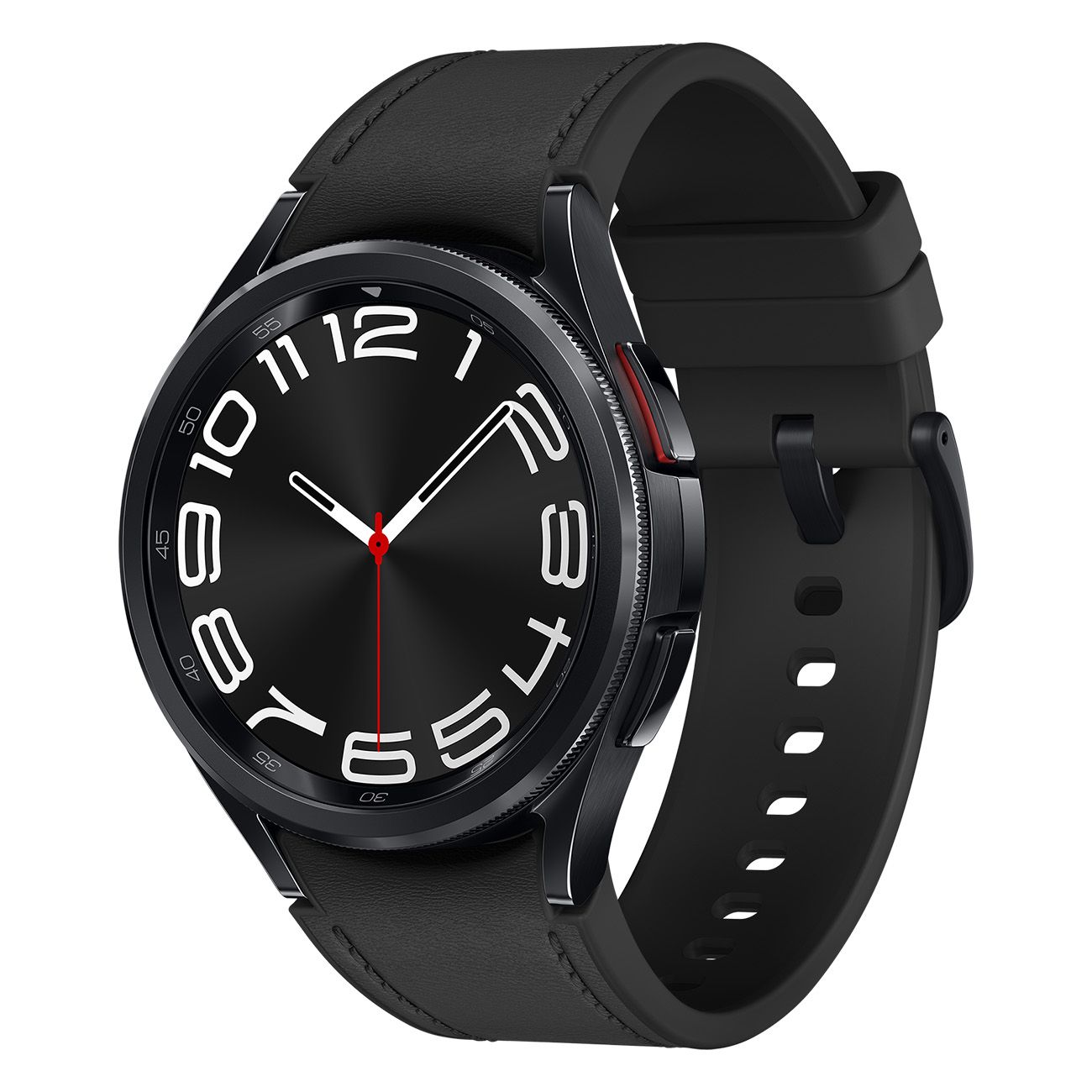 Schwarze Smartwatch mit schwarzem Lederarmband. Zifferblatt mit weißen Ziffern und roten Zeigern. Gehäuse mit Drehring.