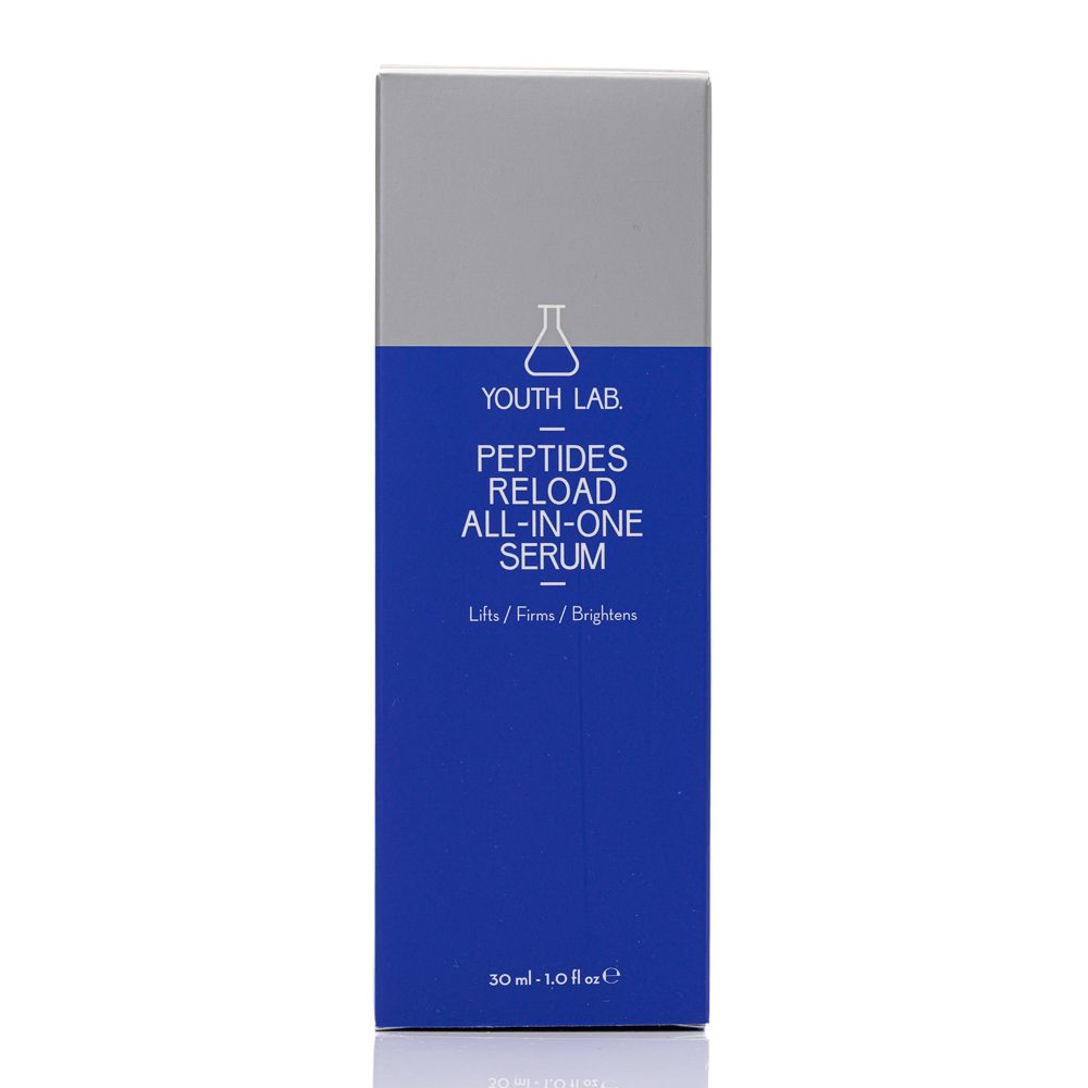 Blau-silberne Produktverpackung. Aufschrift: YOUTH LAB, Peptides Reload All-in-One Serum. Unten: 30 ml - 1.0 fl.oz.