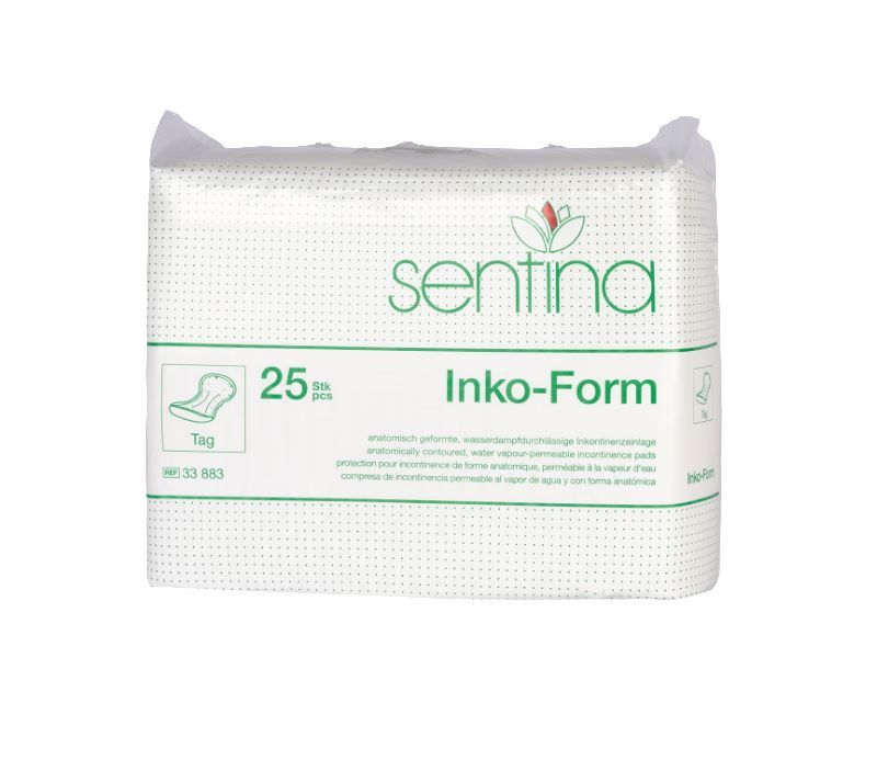 Verpackung mit Sentina Inko-Form Tag. 25 Stück. Anatomisch geformte, wasserdampfdurchlässige Inkontinenzeinlagen.