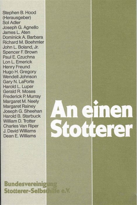 Buchcover mit Titel "An einen Stotterer". Autorenliste links, Titel in Weiß auf grünem Hintergrund rechts. Logo unten.