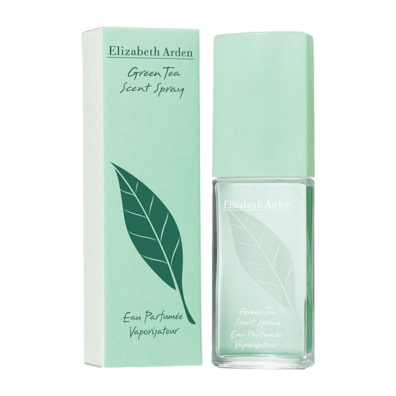 Grüner Flakon und Schachtel. Aufschrift: Elizabeth Arden, Green Tea Scent Spray. Blatt-Design.