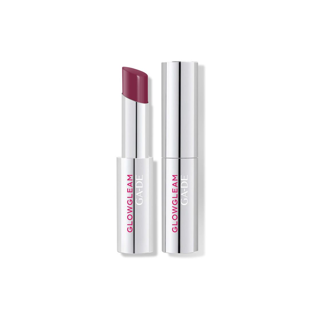 Lippenstift mit silberfarbener Hülse. Auf dem Stift steht "GLOWGLEAM GA-DE". Der Lippenstift ist geöffnet und zeigt eine pinke Farbe.