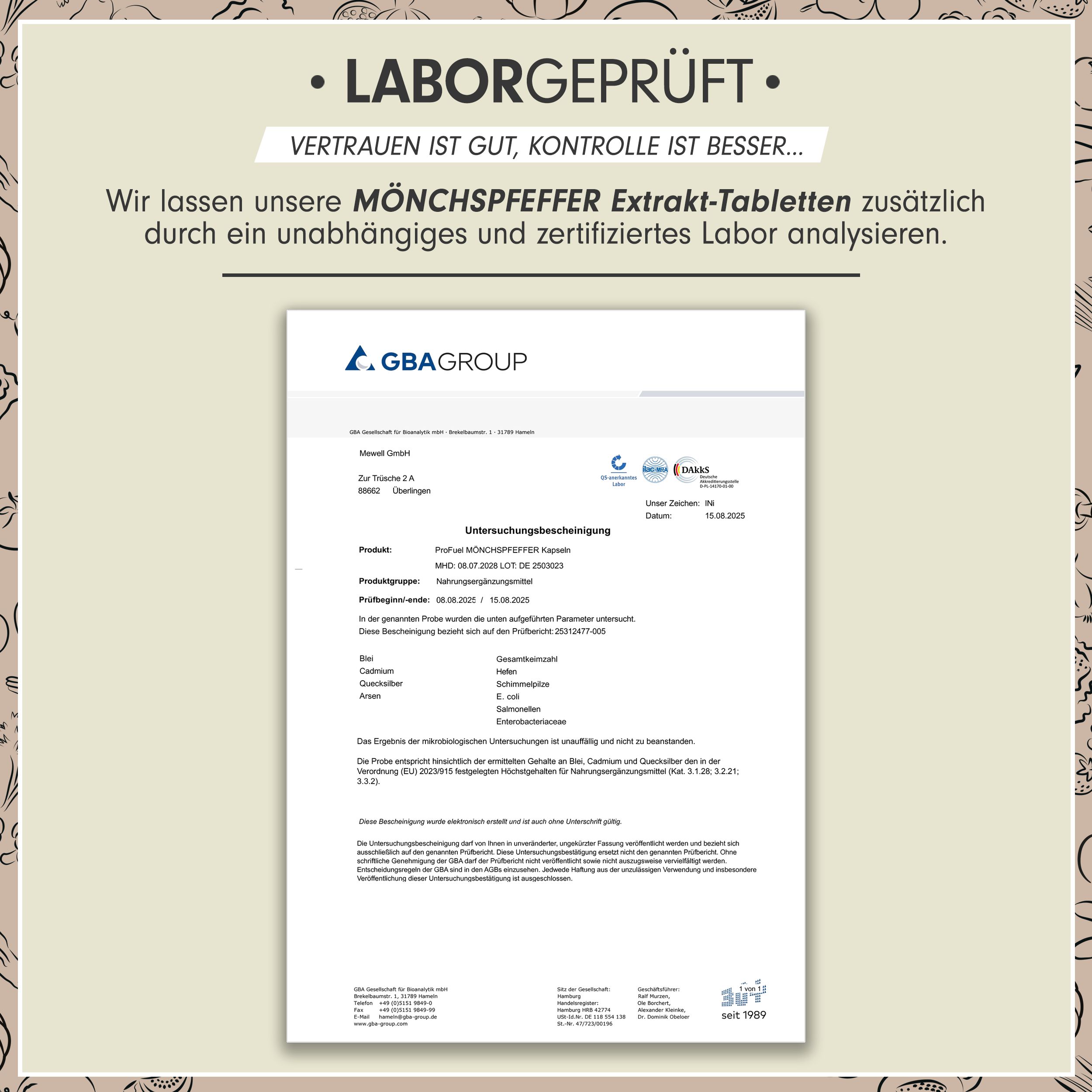 Laborgeprüftes Dokument. Text über die Analyse von Mönchspfeffer Extrakt Tabletten durch ein unabhängiges Labor.