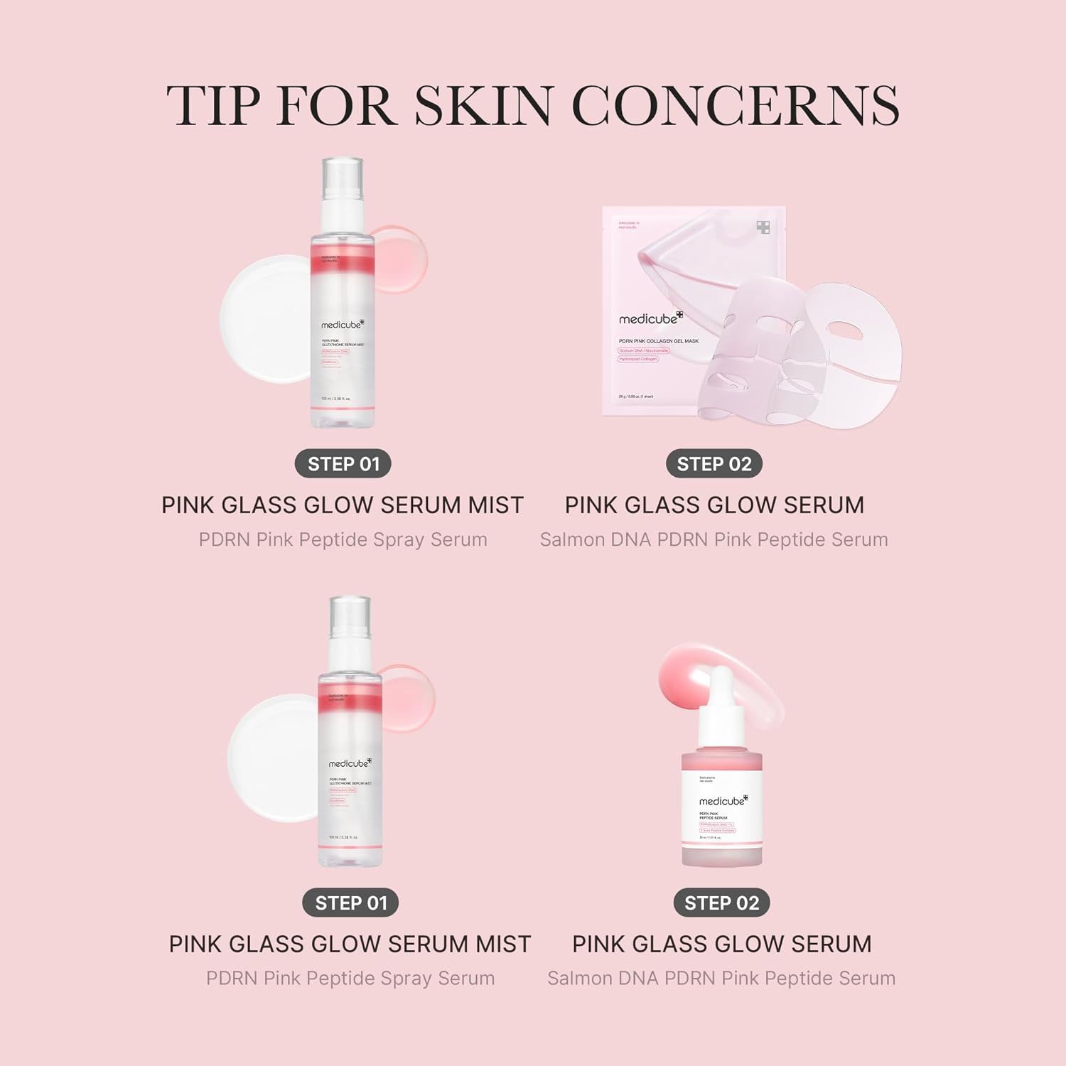 Tipps für Hautprobleme. Vier Produktabbildungen: Sprays und Masken. Aufschrift: Pink Glass Glow Serum Mist und Serum.