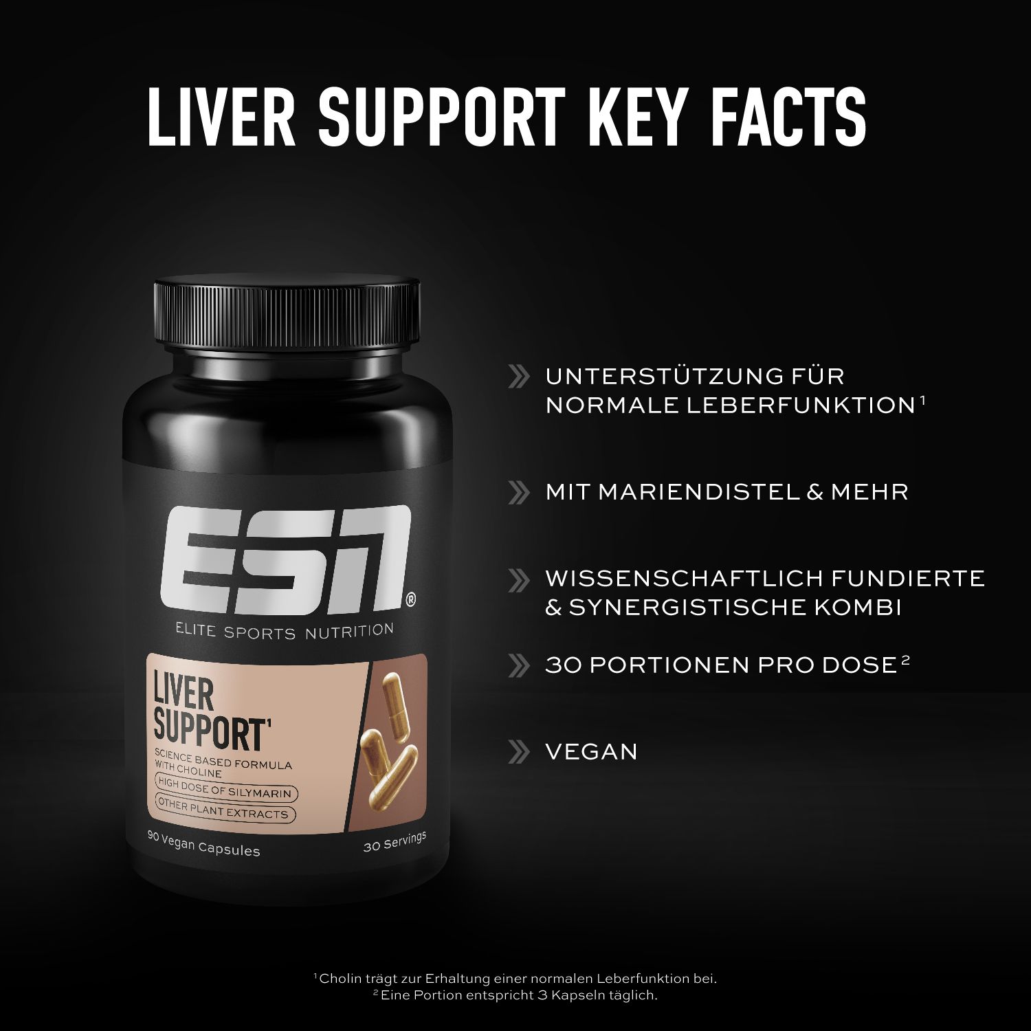 ESN Liver Support Flasche. Text: Liver Support Key Facts. Unterstützung für normale Leberfunktion. Mit Mariendistel & mehr. 30 Portionen pro Dosis.