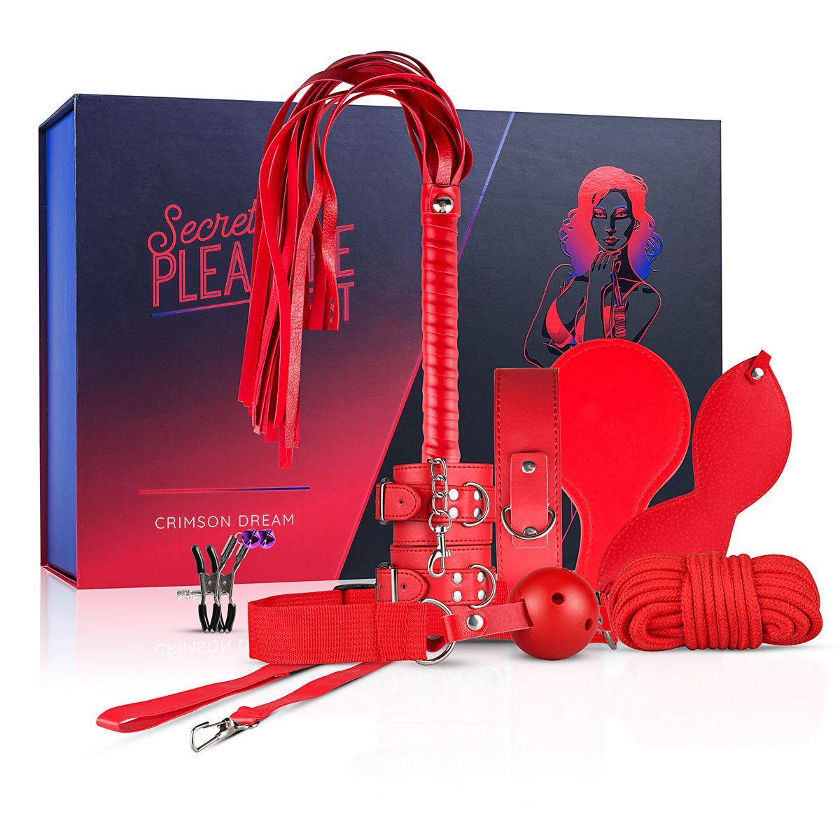 BDSM-Set »Crimson Dream« mit Peitsche, Fesseln, Knebel, Box. Rotes Leder, Metall. Box mit Logo und Illustration.