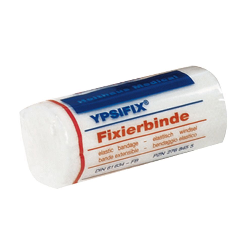 Elastische Fixierbinde, weiß, gerollt. Aufschrift YPSIFIX Fixierbinde, DIN 61634-FB. Rote und blaue Akzente.