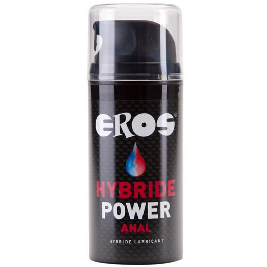 Schwarze Flasche mit "EROS Hybride Power Anal"-Aufdruck. Mit Spenderkopf und transparentem Deckel. Blaue und rote Tropfen-Grafik.