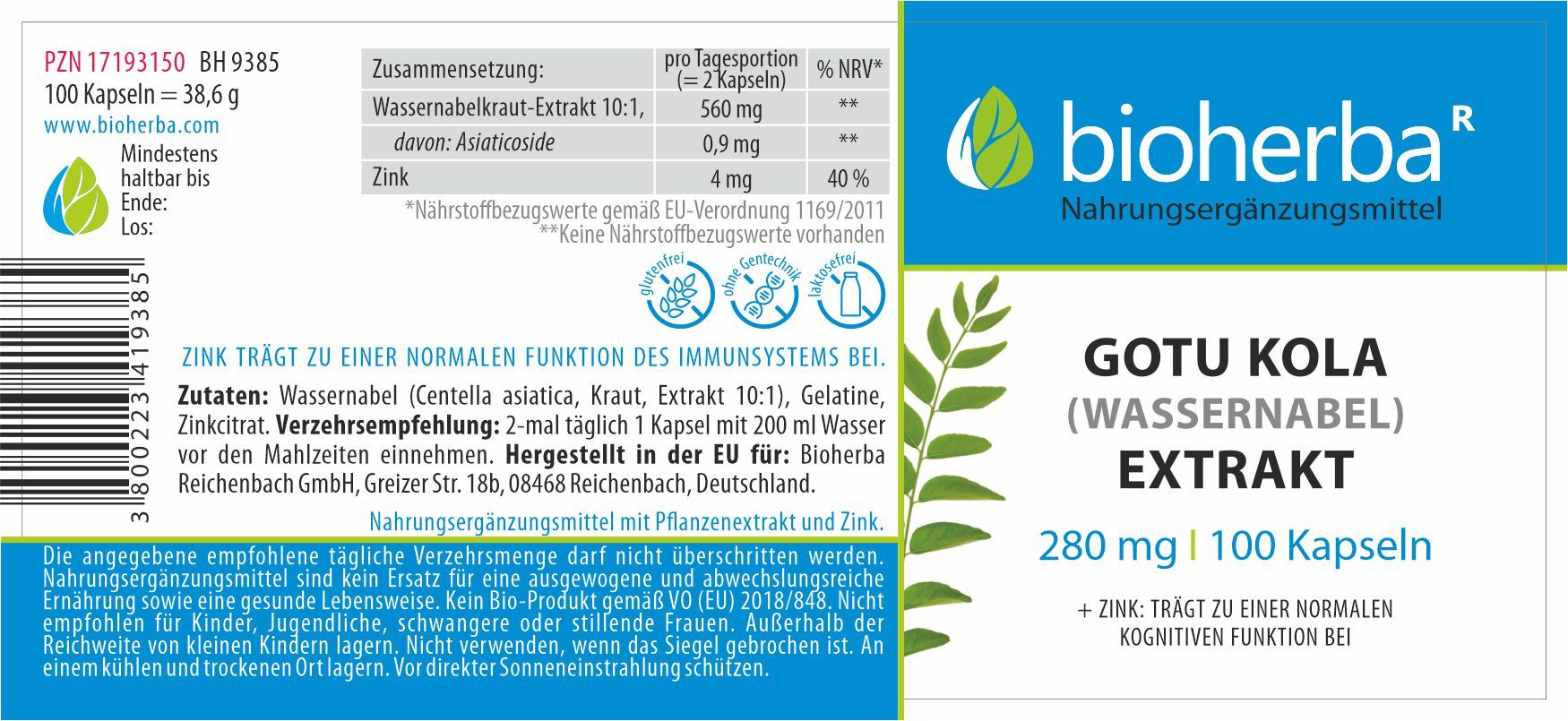 Gotu Kola (Wassernabel) Extrakt 280 mg 100 Kapseln PZN 17193150