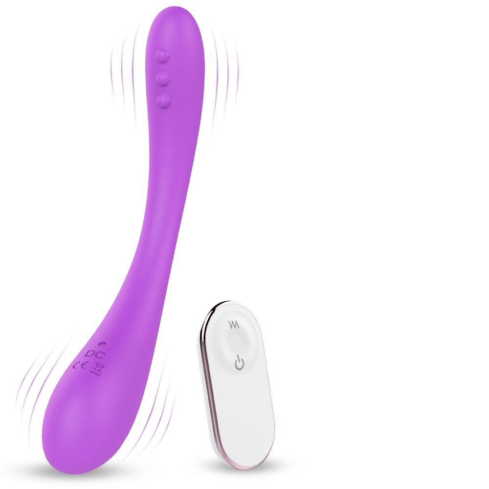 Lila Vibrator mit Fernbedienung. Drei Knöpfe an der Spitze. Fernbedienung mit Knopf.