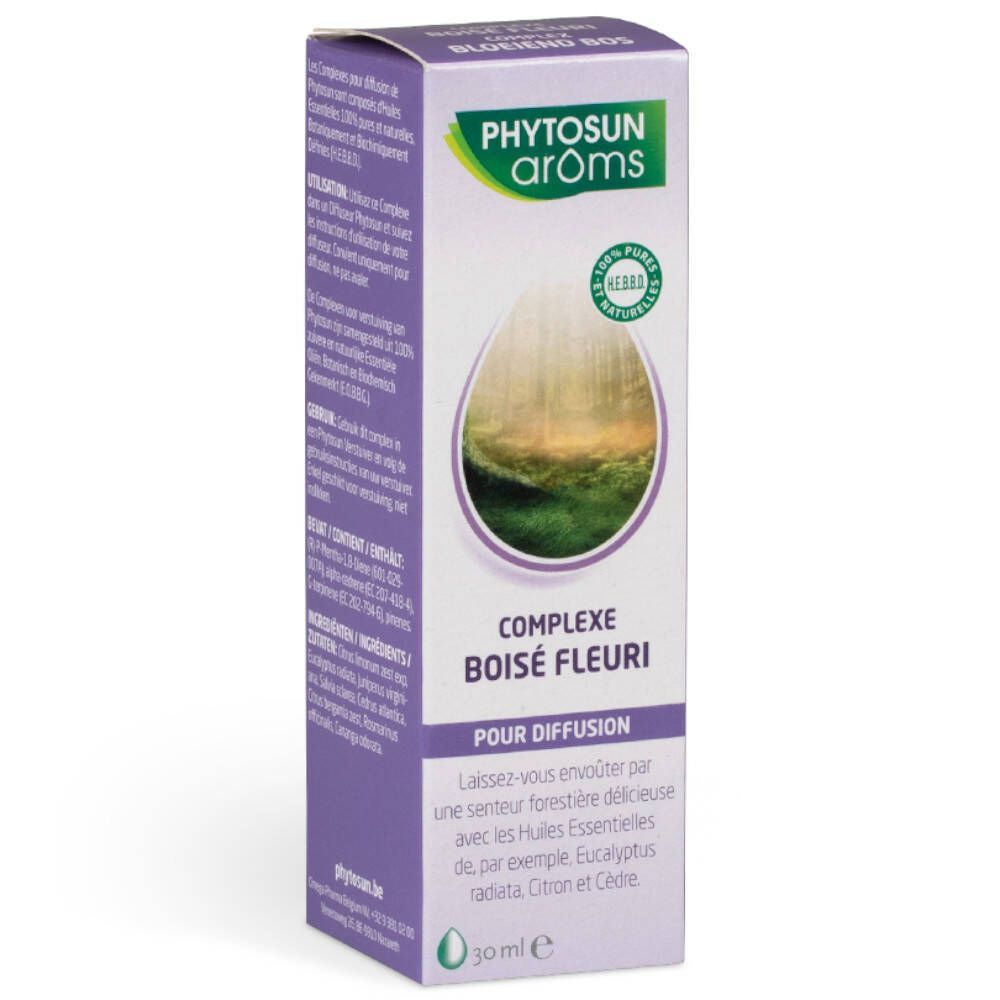 Phytosun arôms Complex Bois Fleuri. Boîte violette. Texte: Complex Bois Fleuri, 30 ml, 100% huiles essentielles pures.