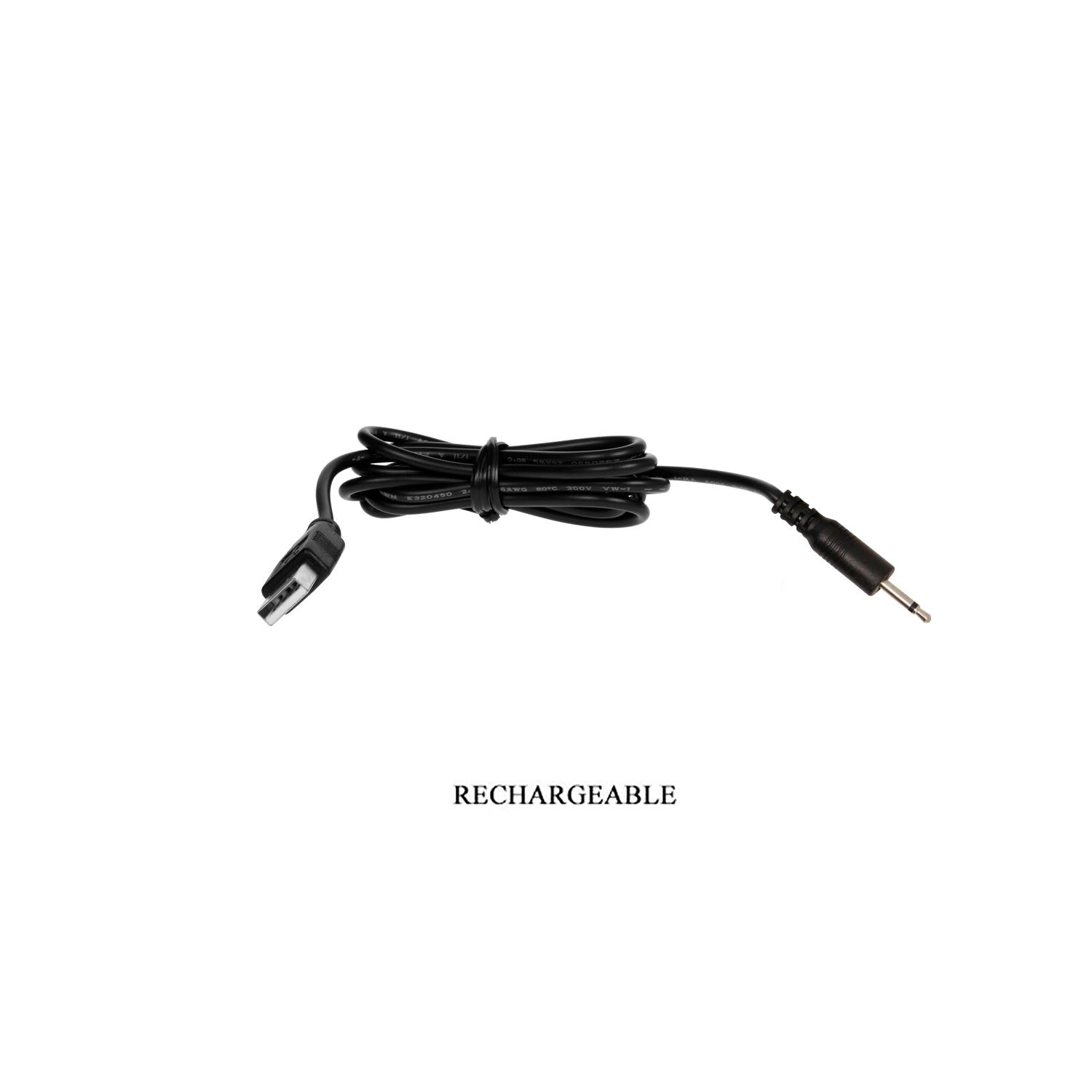 Schwarzes Ladekabel mit USB-Anschluss und kleinem Stecker. Beschriftung: Rechargeable.