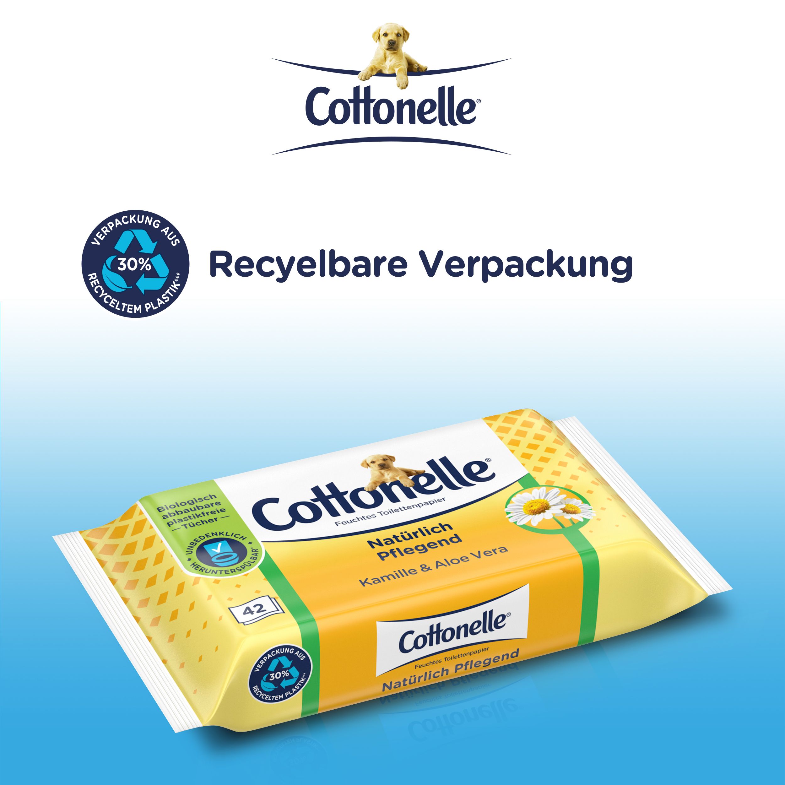 Cottonelle Feuchtes Toilettenpapier. Recycelbare Verpackung. Verpackung mit Logo und Produktinformationen. 30% recyceltes Plastik.