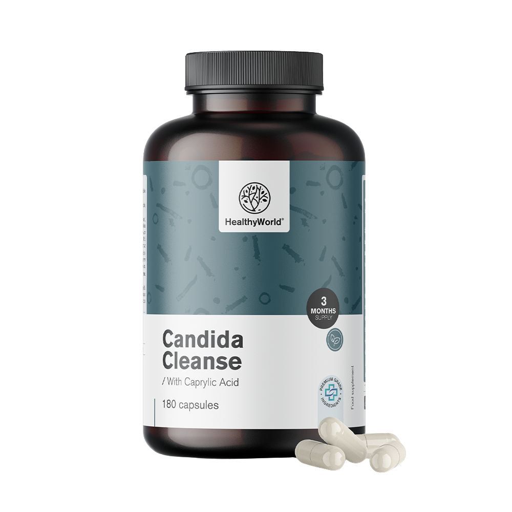 Braune Flasche mit Kapseln. Aufschrift: Candida Cleanse, 180 Kapseln. Logo: HealthyWorld. Enthält Caprylsäure. 3-Monats-Vorrat.