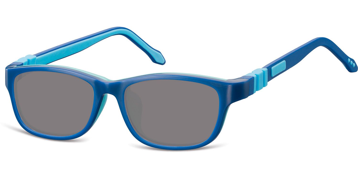 Blaue Sonnenbrille mit grauen Gläsern. Blaue Bügel und Rahmen. Detailansicht.