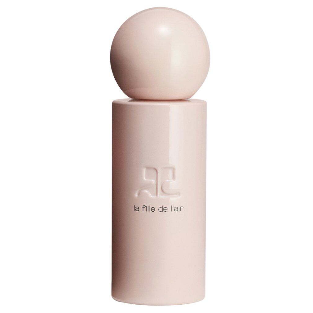 Rosa Parfumflasche mit Kugelverschluss. Aufschrift: La Fille de l'air, Eau de Parfum. Logo von Courrèges.