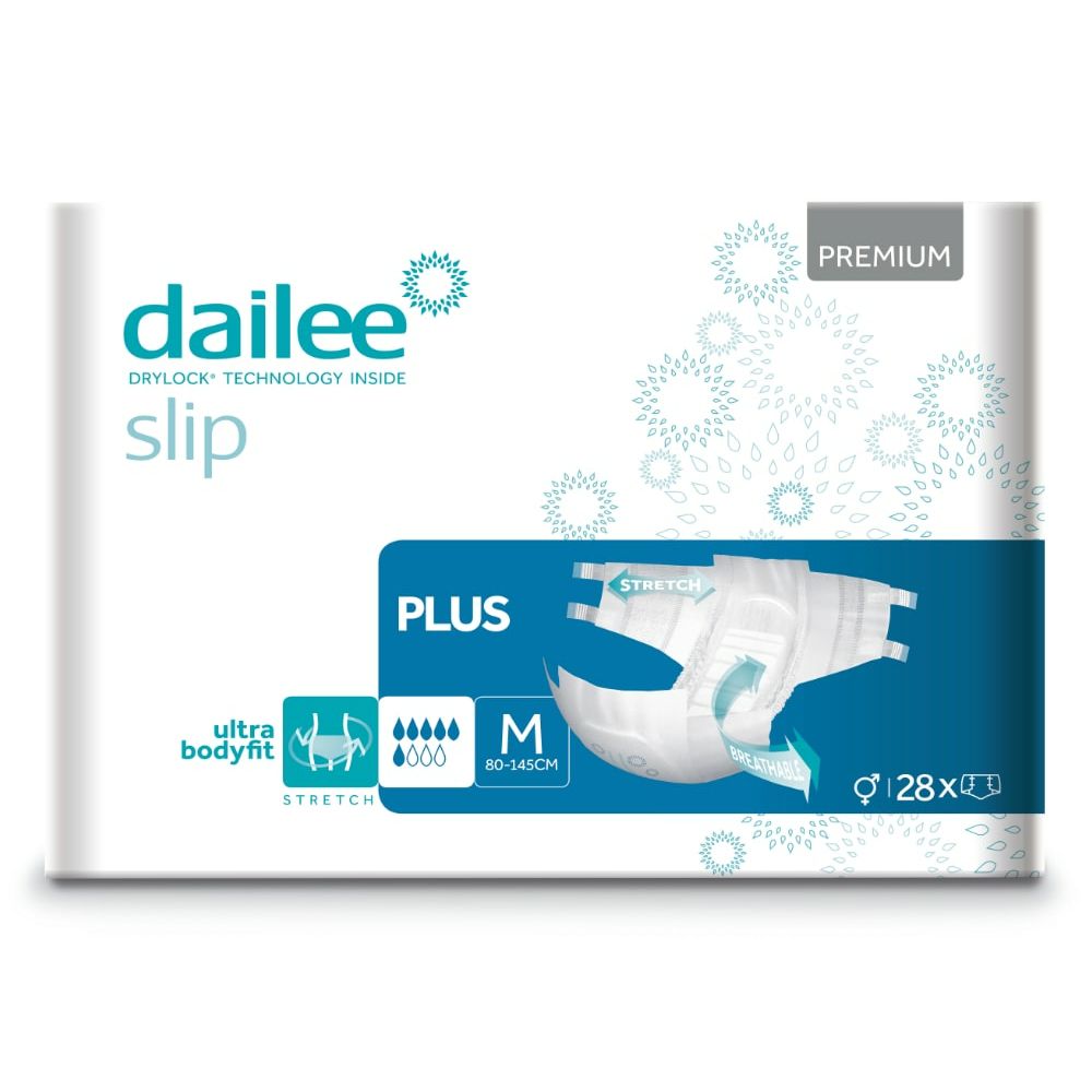 Verpackung Dailee Slip Premium Plus. Blaue und weiße Verpackung mit Produktabbildung. Enthält 28 Stück, Größe M.