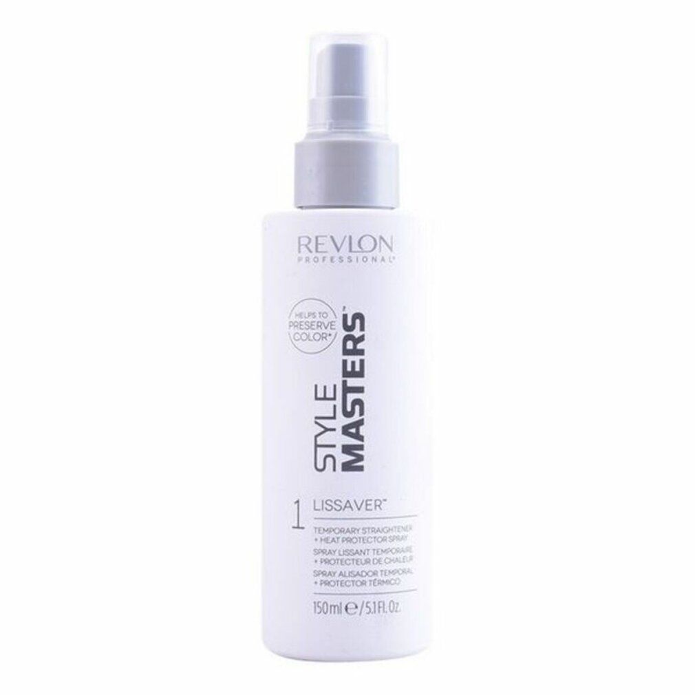 Weißes Sprayflasche mit grauem Sprühkopf. Beschriftung: Revlon Professional, Style Masters, Lissaver, 150ml.