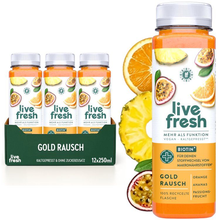 LiveFresh Gold Rausch. 12 Flaschen in Karton. Einzelne Flasche mit Früchten. Text: Kaltgepresst, vegan.