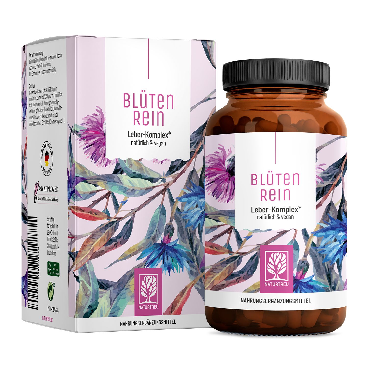 Braune Flasche und Schachtel mit floralem Design. Aufschrift: Blüten Rein, Leber-Komplex. Naturtreu Logo. Nahrungsergänzungsmittel.