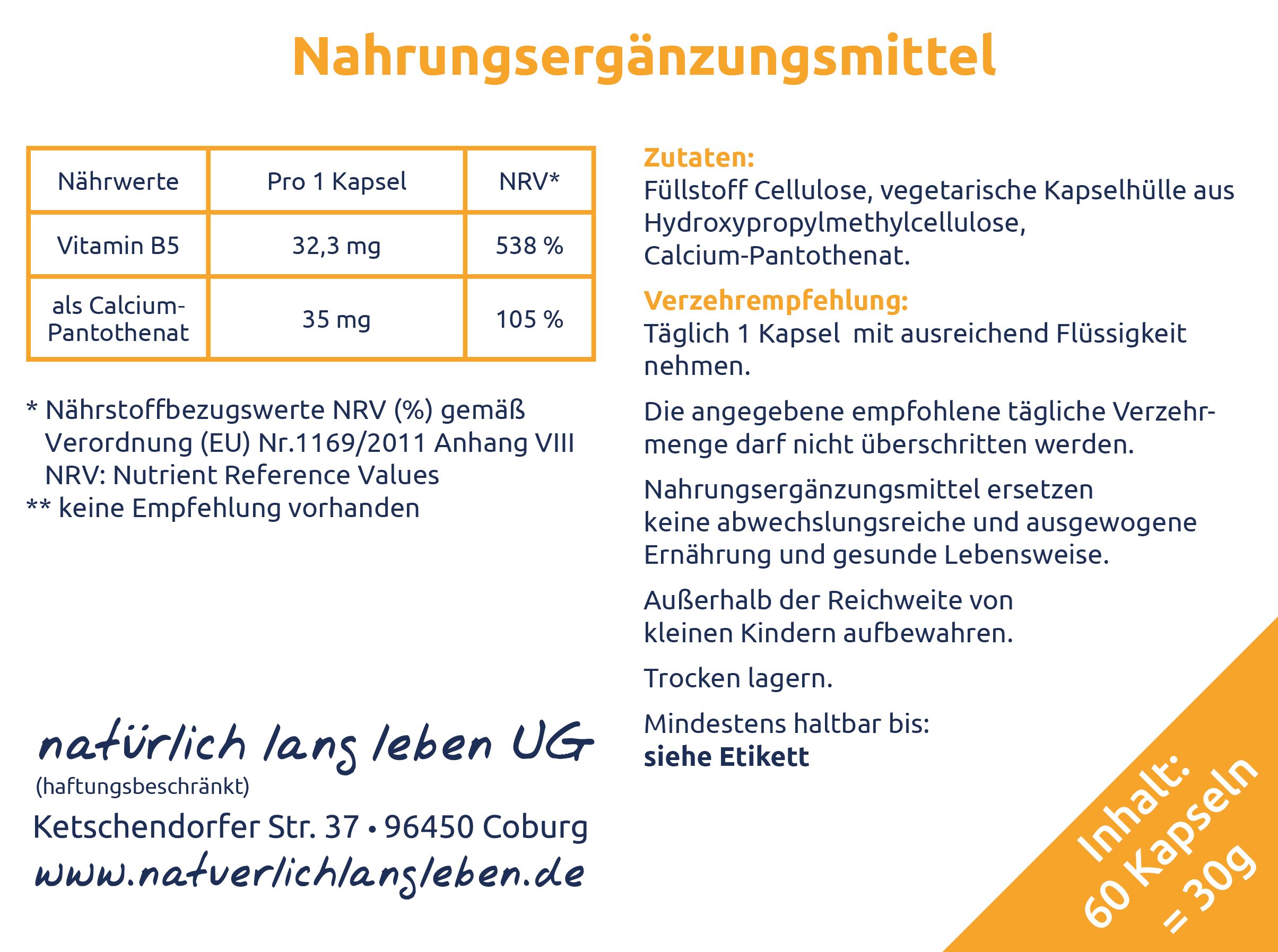 Etikett mit Nährwerttabelle und Zutaten. Aufschrift: natürlich lang leben. Inhalt: 60 Kapseln = 30g.