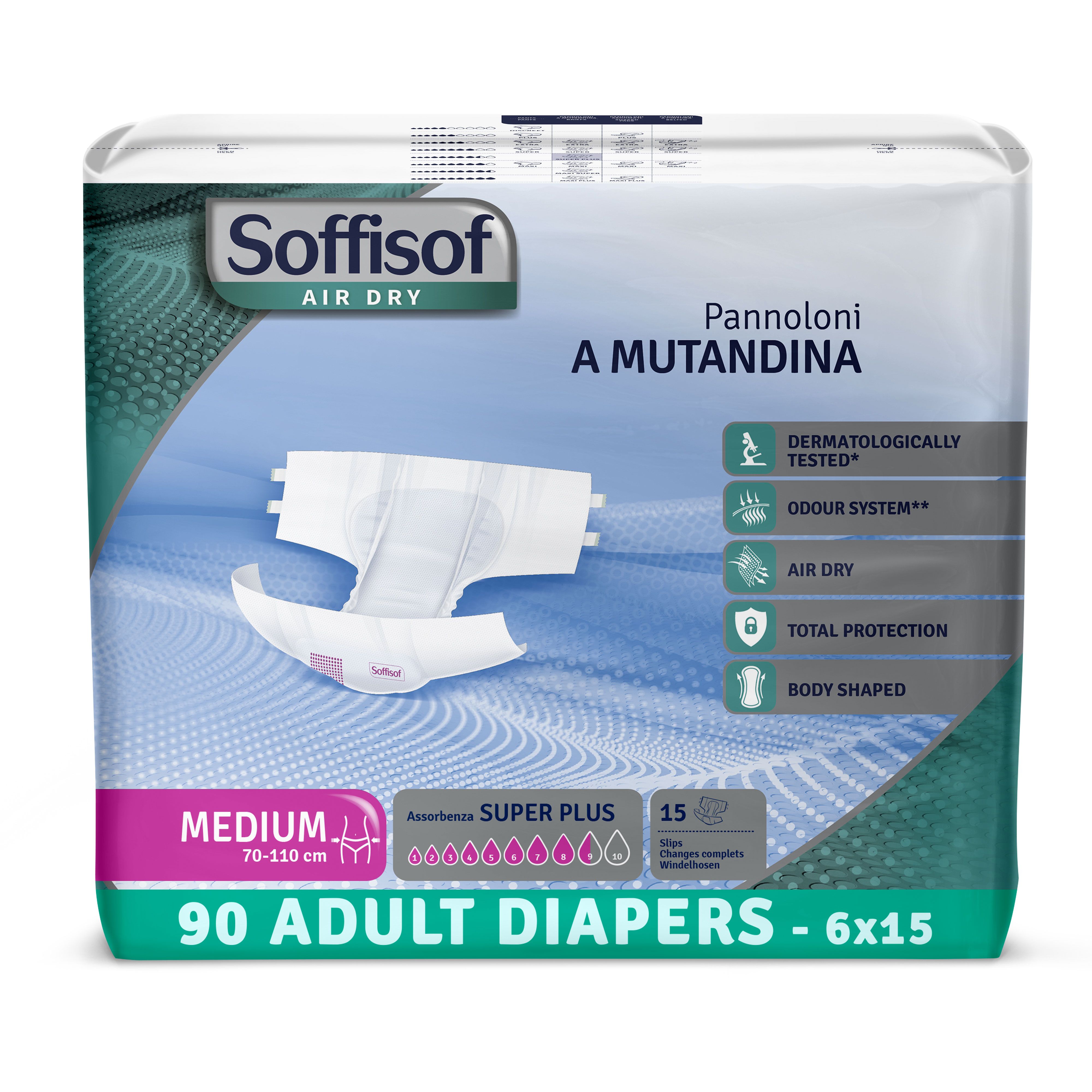Soffisof Air Dry luiers. Medium, 70-110 cm. 90 stuks. Super Plus. Voor volwassenen. Dermatologisch getest.
