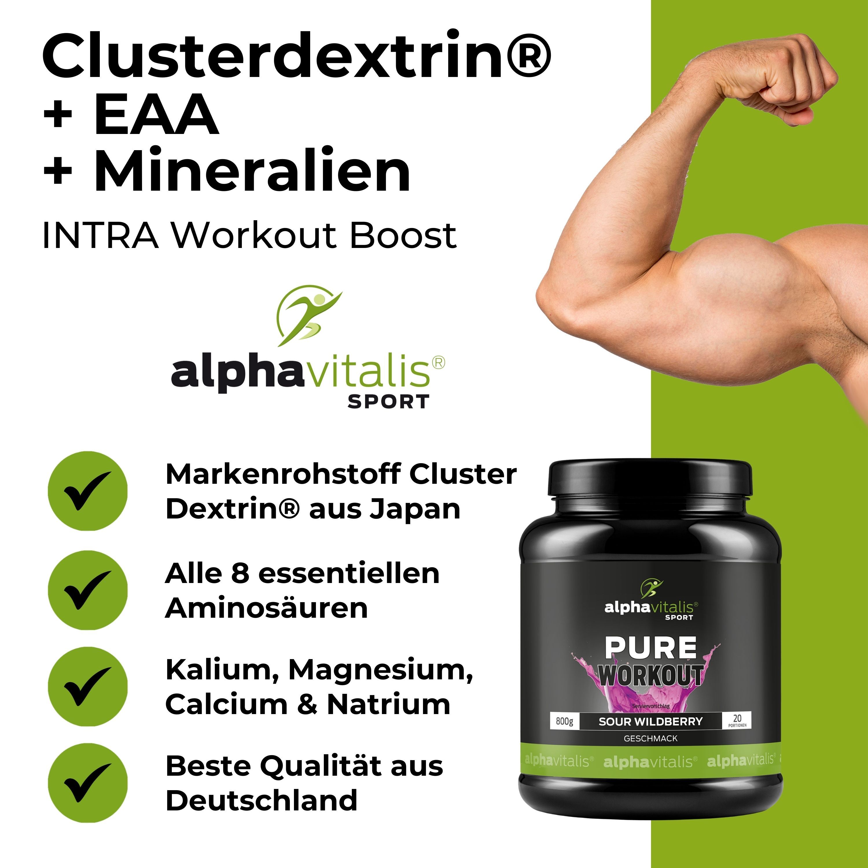 Schwarze Dose mit Alphavitalis Pure Workout. Text: Clusterdextrin, EAA, Mineralien. Muskelaufbau-Illustration.