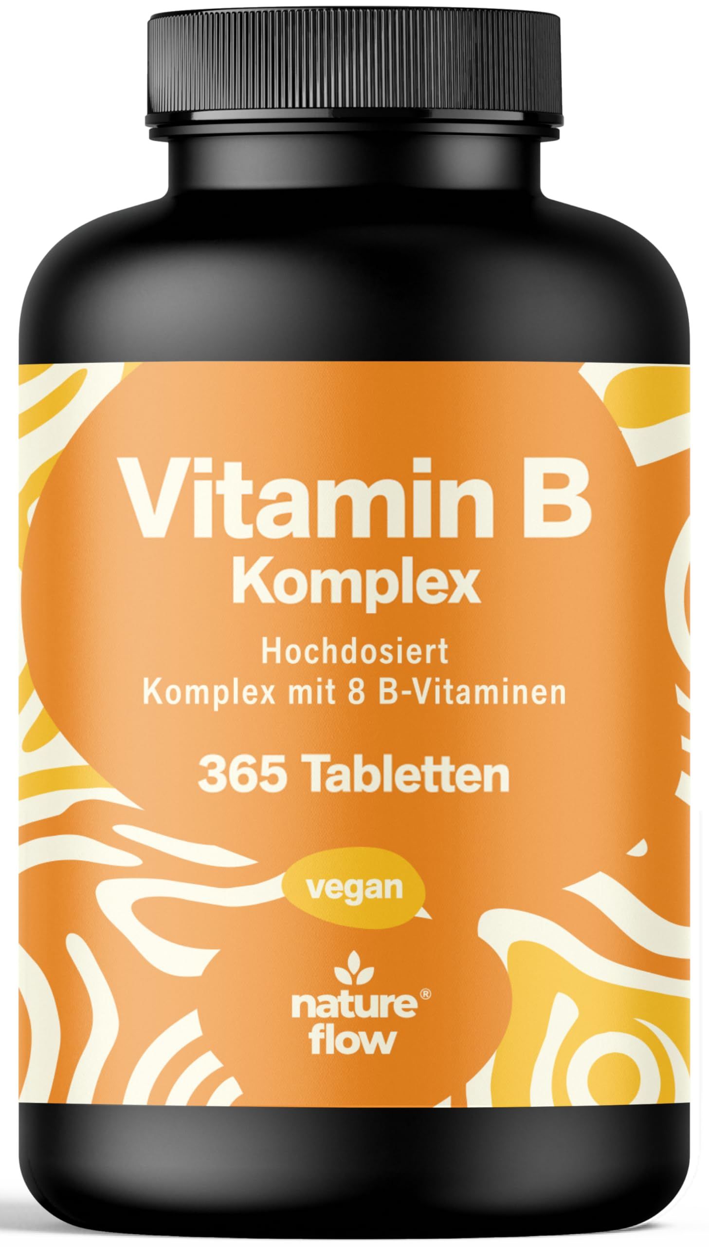 Schwarze Flasche mit Vitamin B Komplex Tabletten. Orangefarbenes Etikett mit Text. Vegan-Siegel.