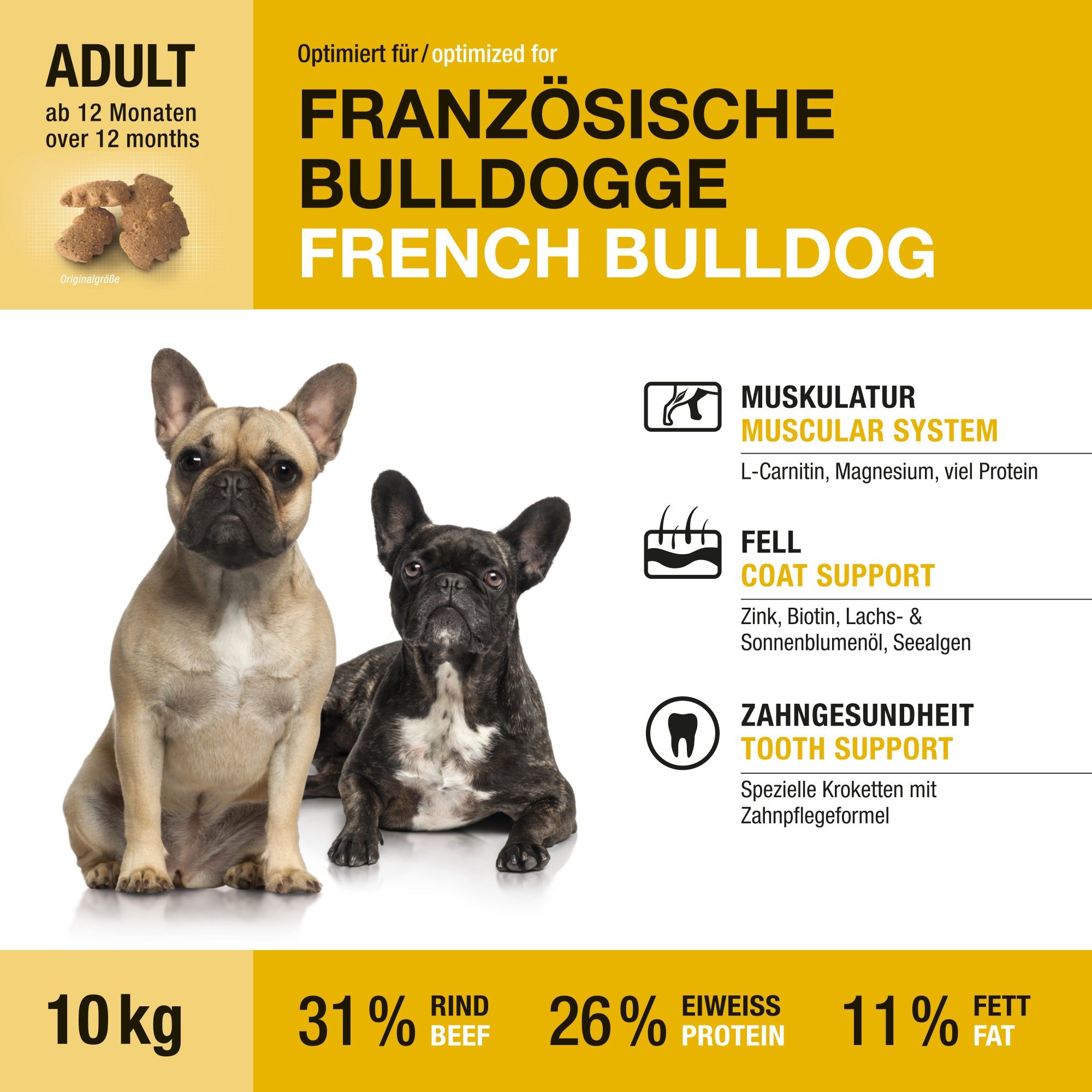 Hundefutter für französische Bulldoggen: zwei Hunde, Nährwertangaben.