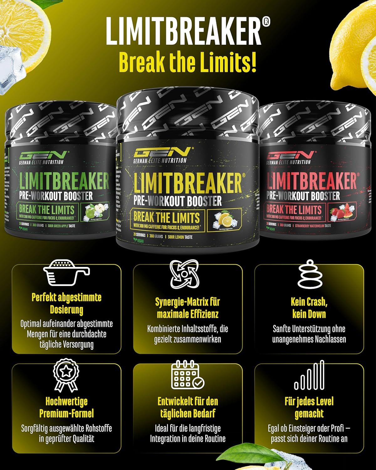 Drei Dosen LIMITBREAKER in verschiedenen Farben. Enthält Informationen zu Dosierung, Synergie-Matrix und Premium-Formel.