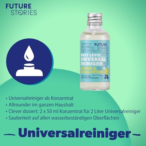Universalreiniger in Flasche. Marke: Future Stories. Text: Konzentrat, für den ganzen Haushalt, 2x50ml für 2L, für alle Oberflächen.