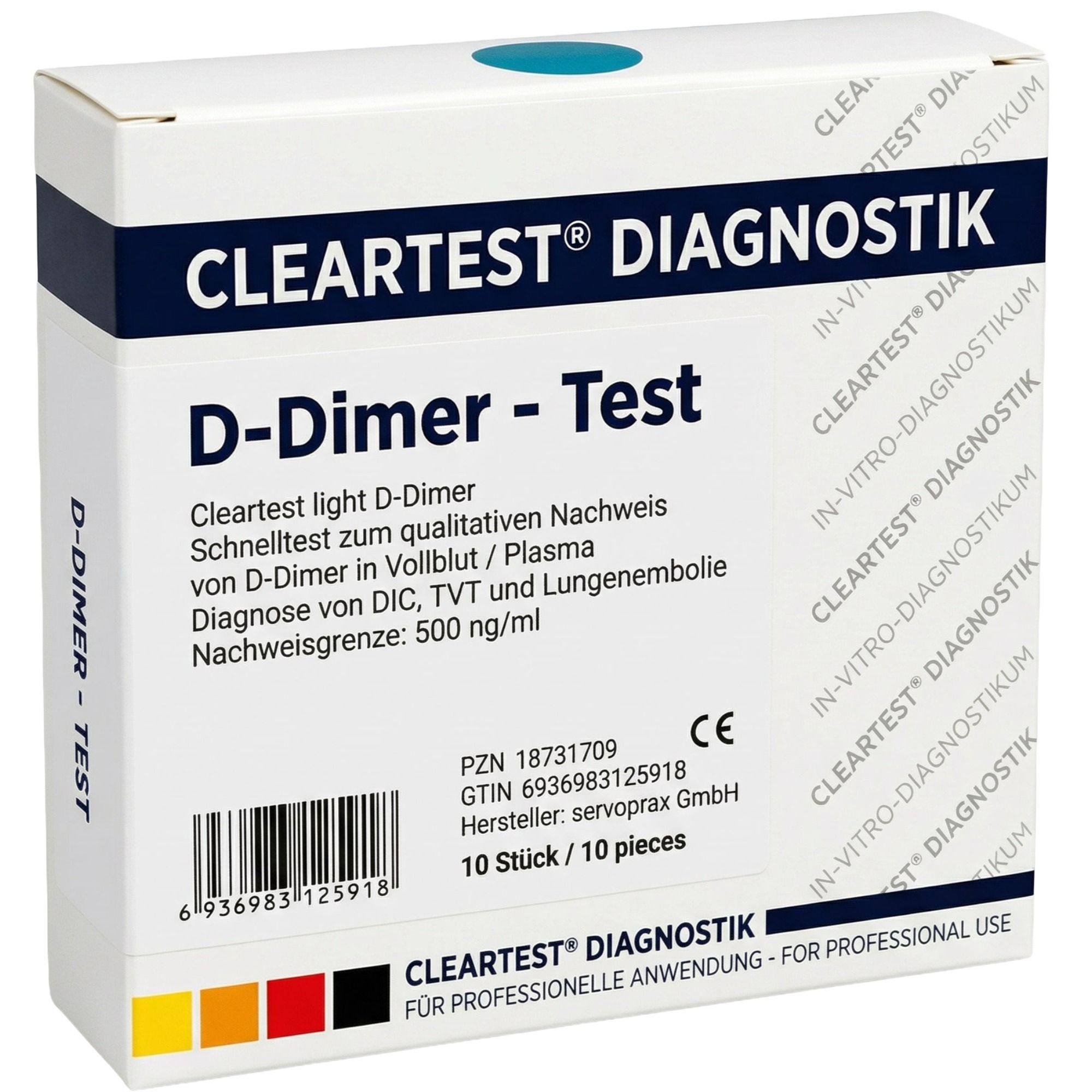 Verpackung Cleartest D-Dimer Test. Aufschrift: Cleartest Diagnostik, D-Dimer Test, CE-Zeichen, 10 Stück. Farbcode unten.