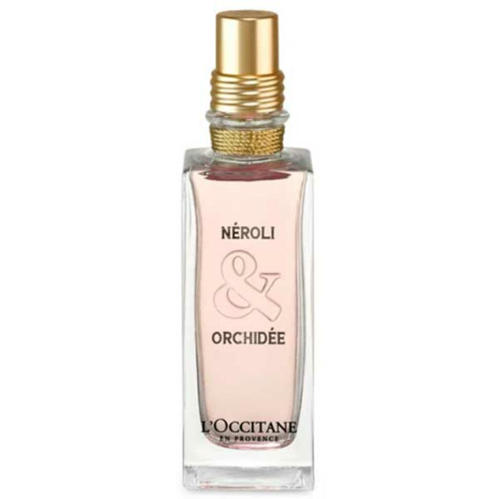 Parfümflakon mit goldfarbenem Verschluss. Aufschrift: NÉROLI & ORCHIDÉE. Marke: L'OCCITANE EN PROVENCE.