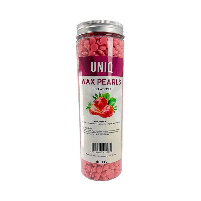 Zylindrische Dose mit Wachsperlen. UNIQ Wachsperlen Erdbeere. Rote Perlen. 400g. Mit Erdbeer-Abbildung.
