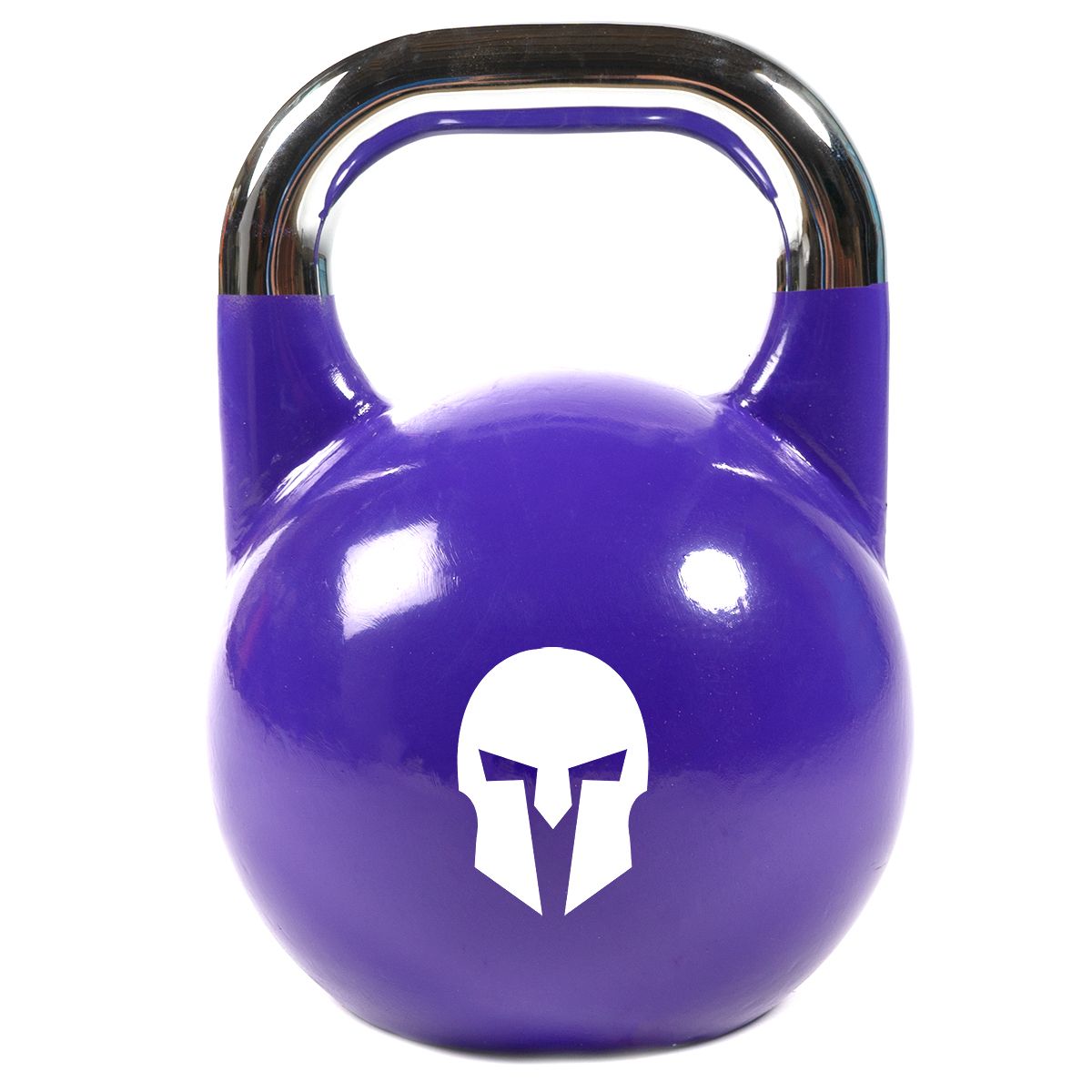 Violette Gusseisen-Kettlebell mit silbernem Griff und weißem Logo. Fitnessgerät für Krafttraining.