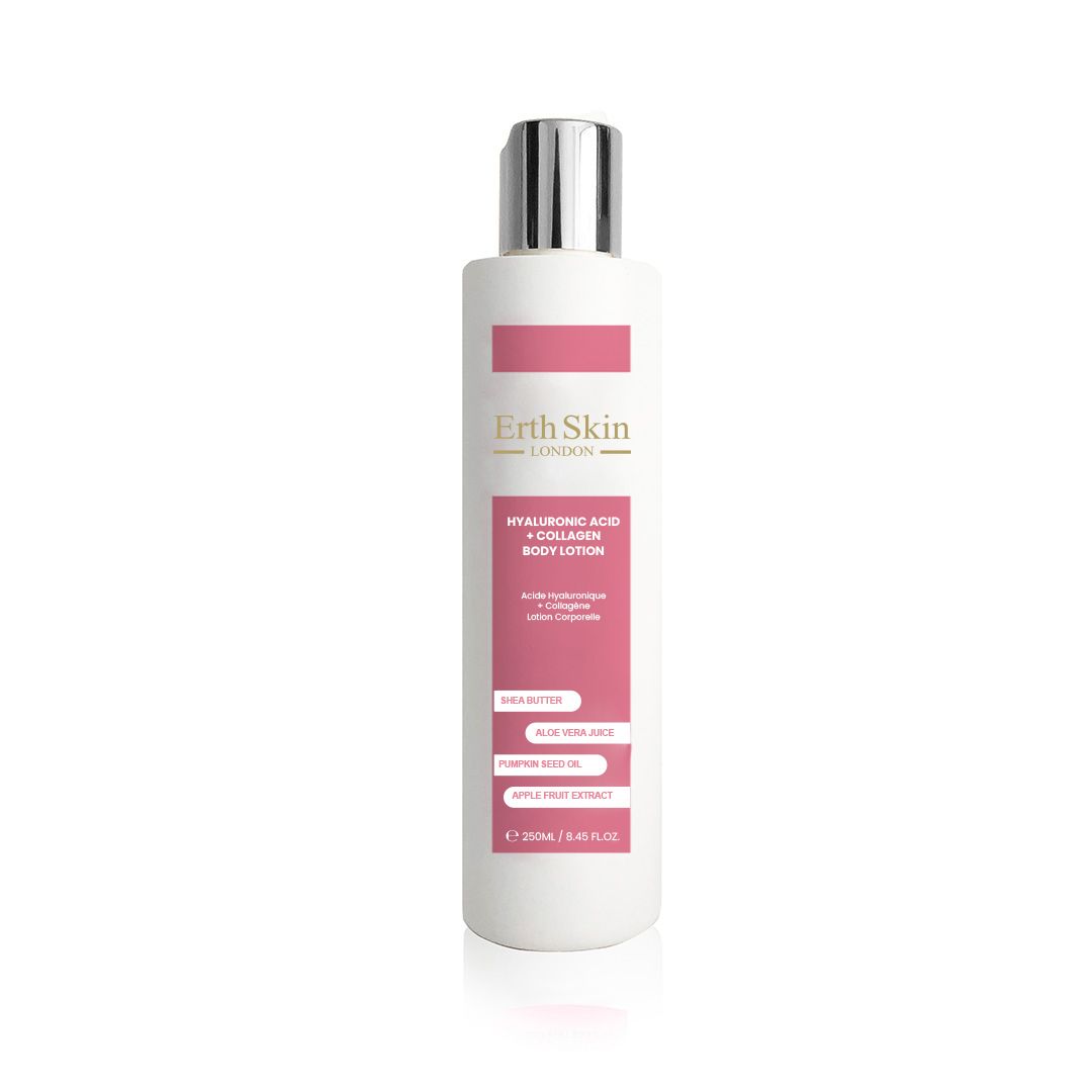 Weiße Körperlotion-Flasche mit rosa Etikett. Enthält Hyaluronsäure und Kollagen. Von ErthSkin London. Auf weißem Hintergrund.
