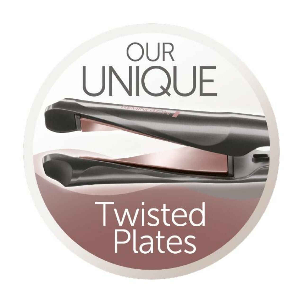 Haarglätter mit geöffneten Platten. Text: Our Unique Twisted Plates.