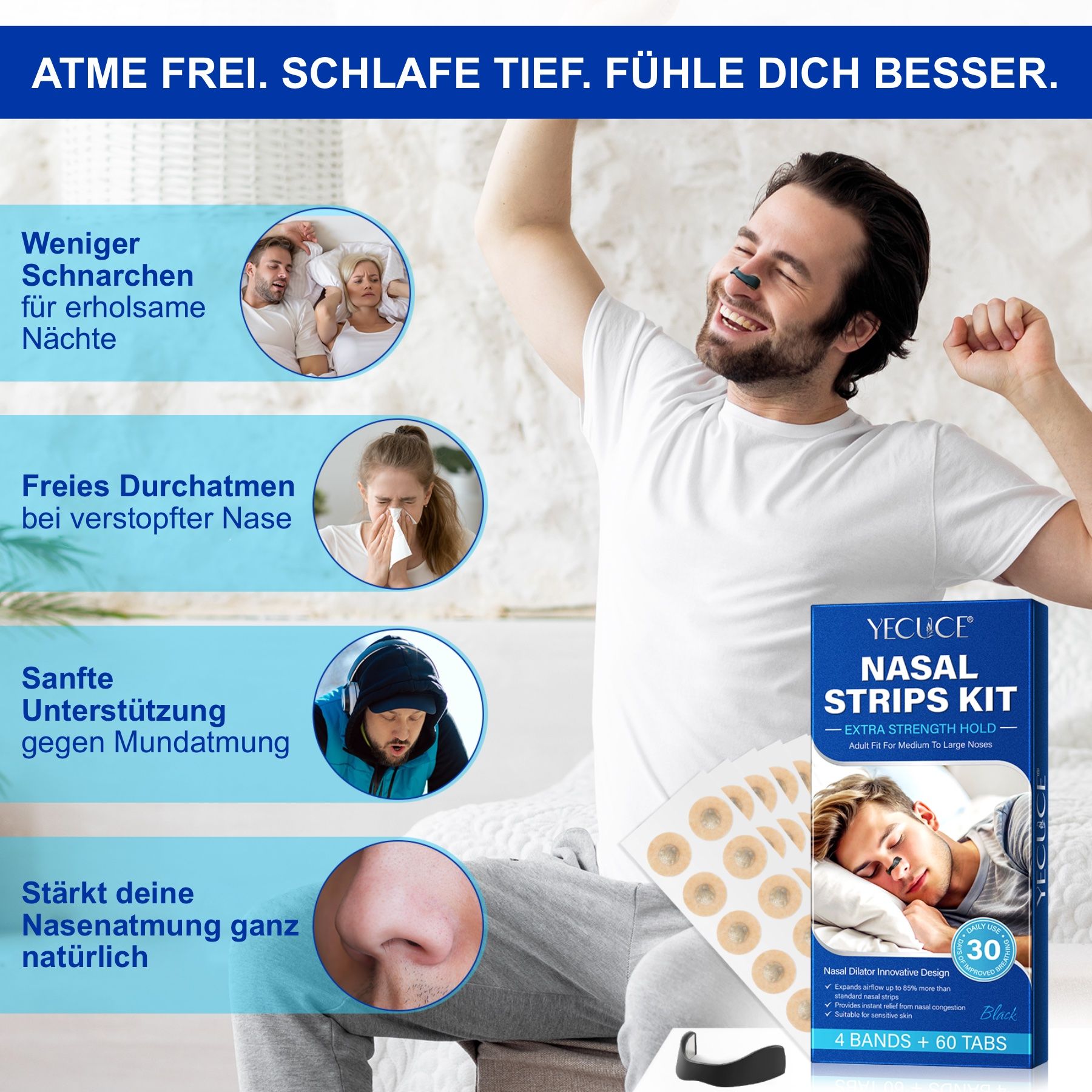 Uomo sorridente, tiene il prodotto. Prodotto: Yecuce Nasal Strips Kit. Contiene strisce nasali e cerotti. Testo: Meno russare, respirazione libera.